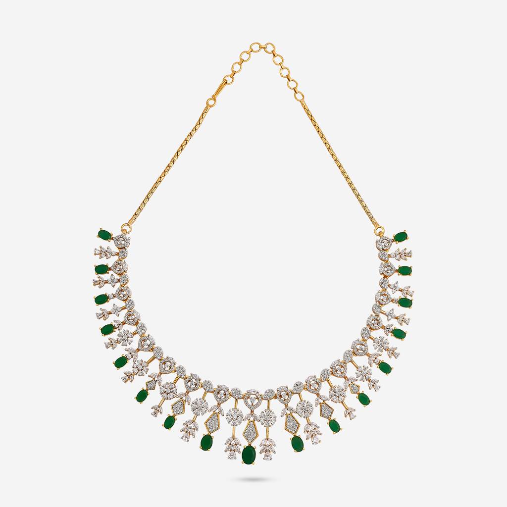 Green Rhodium-Gold - Plated Party Wear Zircon Necklace - 454018 : 454018
