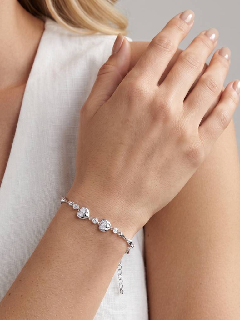 925 Silver Double Heart & Crystal Link Bracelet For Women : BR-63