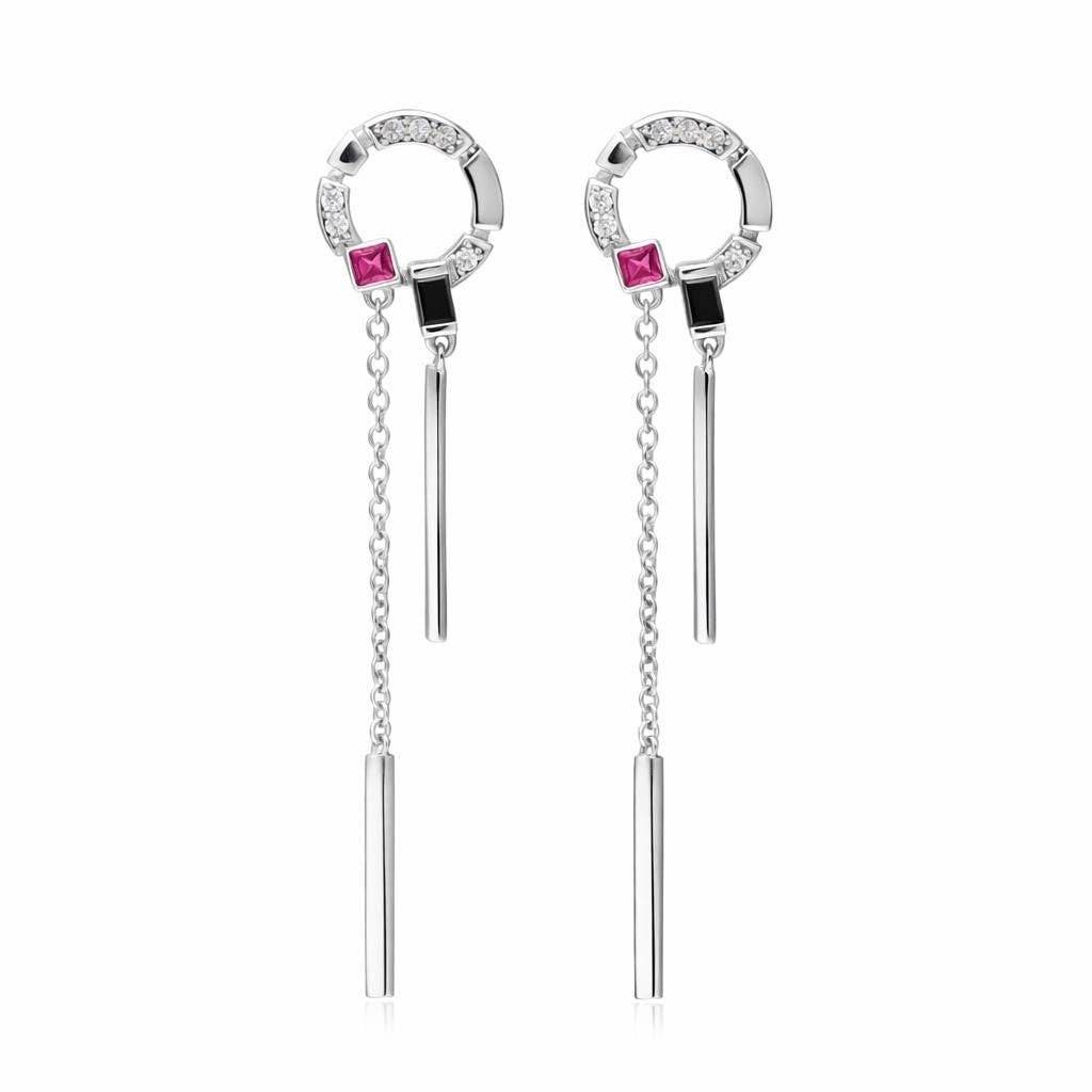 925 Silver Art Deco Chain Earrings Cz Dangle : SE_000966