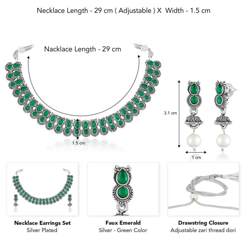 Green Ethnic Oxidised Necklace Earrings Set For Women & Girls | Silver Plated | Faux Emerald Studded | Festive Styl : PF04N12G