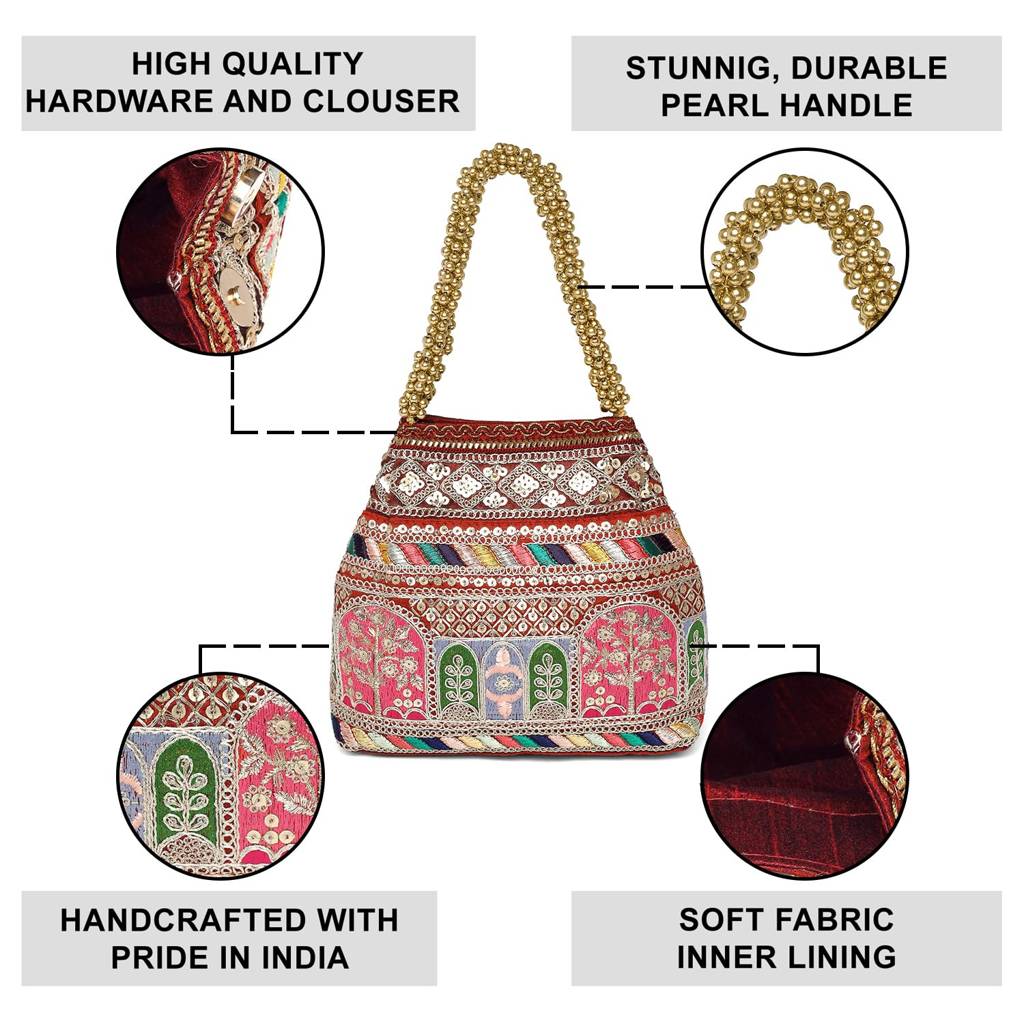 Embroidery Potli Bag For Women Handmade Wristlet Handbag Stylish Purse Ethnic Fashion Bag For Girls : P212M-L