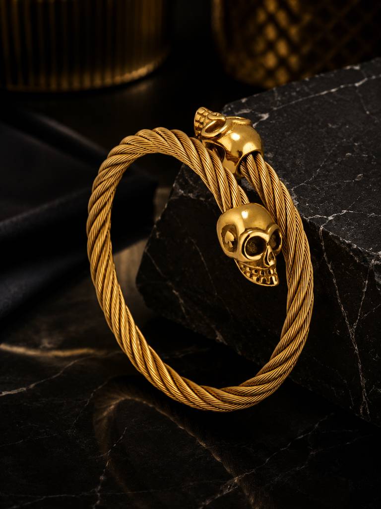 18K Gold-Plated Skull Cuff Waterproof Hypoallergenic Steel Bracelet : AN-LJ-GO-0010-DB-M