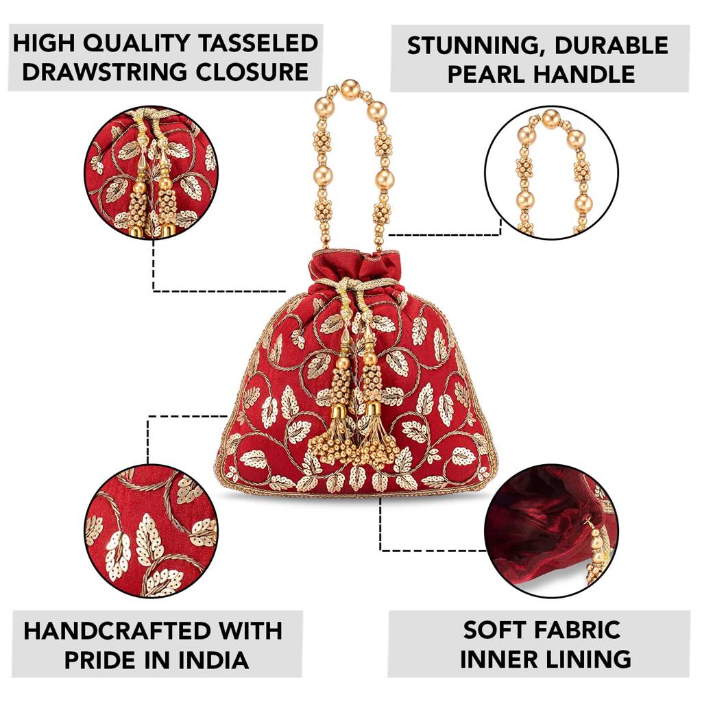 Potli Purses For Women Handmade Evening Handbag Stylish Bridal Fashion Wristlet Bag For Girls (P124C) : P12M