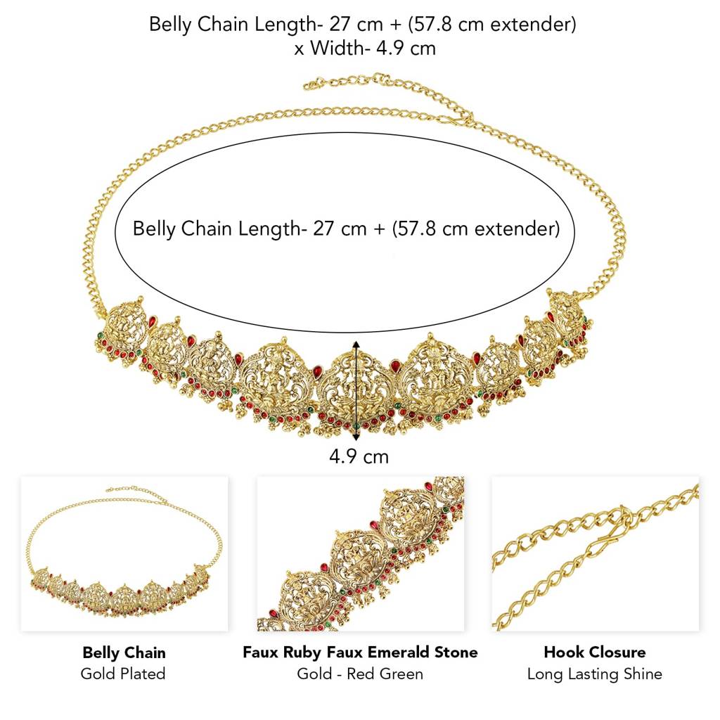 Gold Plated Rani Pink Green Faux Ruby Faux Emerald Studded Belly Chain Kamarbandh Ethnic Jewellery For Women : PF47BCH02RG