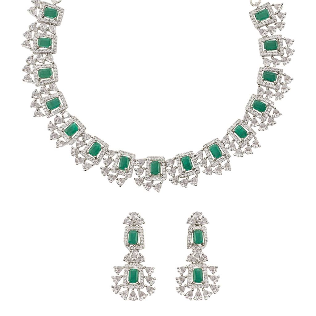 Green And White Cz Gems Necklace Set : 8905124460353