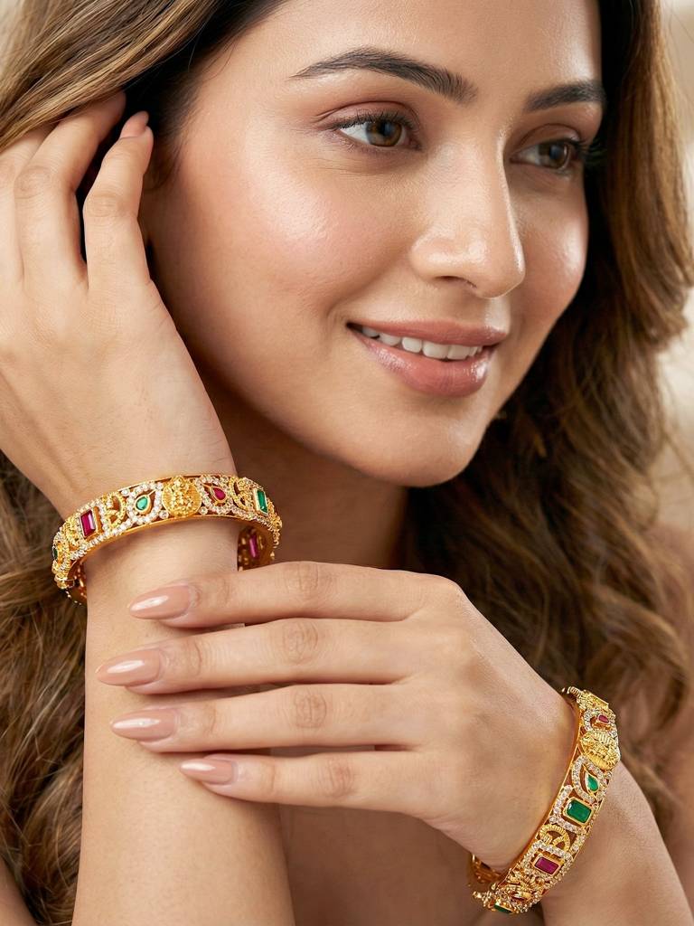 Gold Plated Laxmi Ji Idol Ad Stone Bangle For Women With Pink & Green Stones | Traditional Temple Weddin : 1599-C1BG-2225-2-24