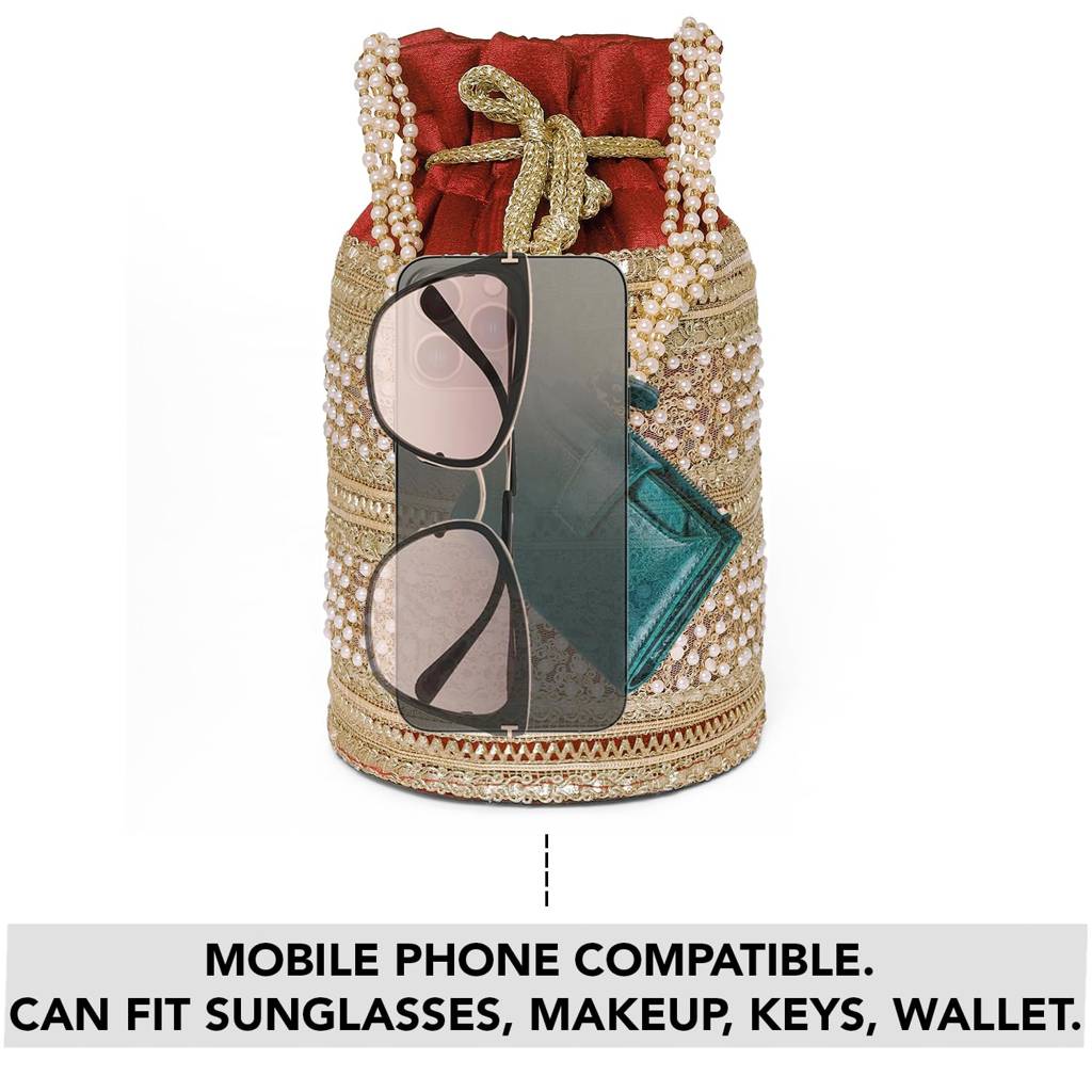 Cylinder Potli Bag With Beads Handle For Women Girls Stylish Bag Ethnic Wristlet Bride Purse With Drawstring : P205M-F