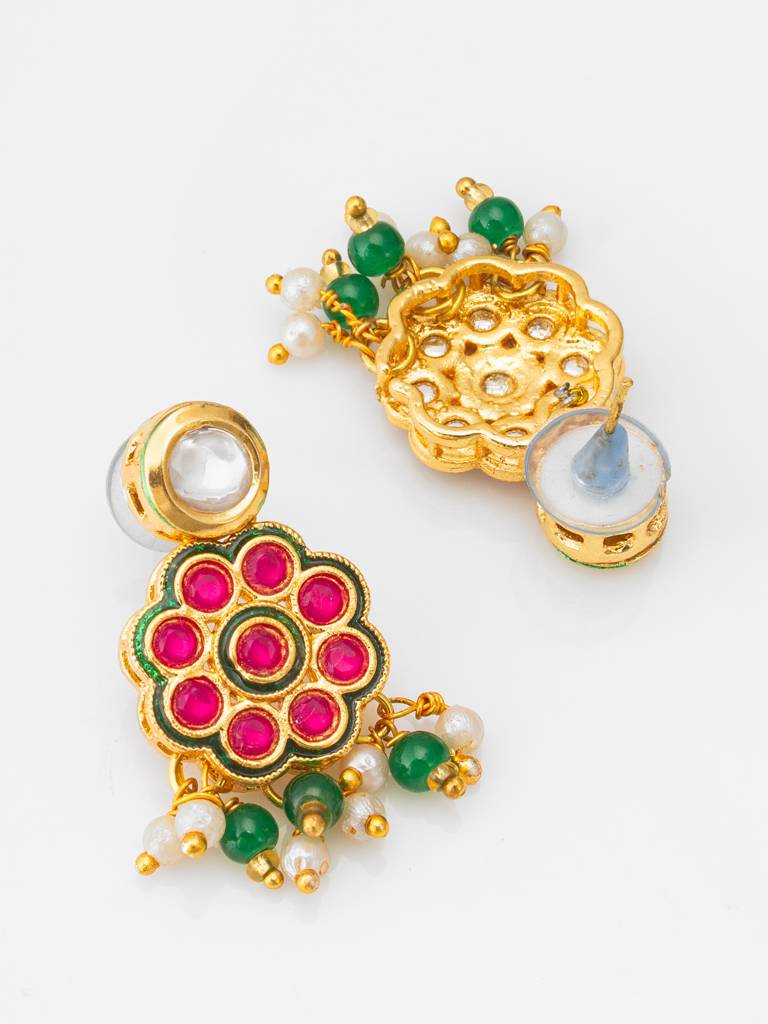 Green Bead Multi-Layer Choker With Pink Kundan Floral Centerpiece : NK4673