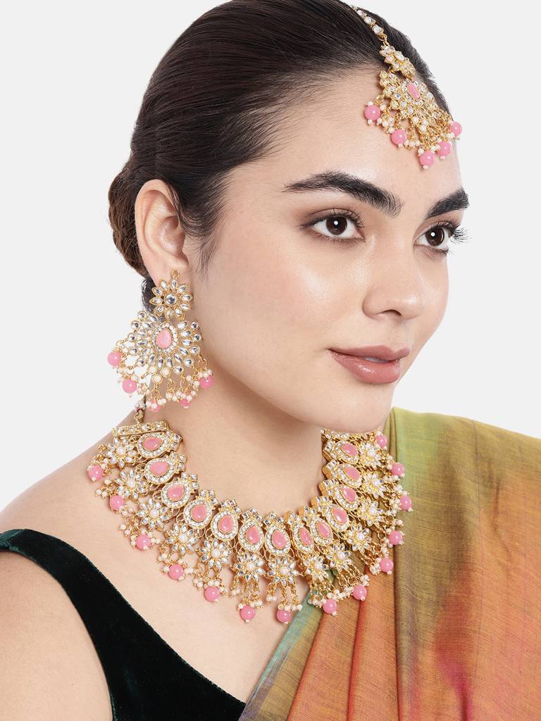 Peora Gold Plated Kundan Dangling Pearls Necklace Earring Maangtikka Jewellery Set For Women : PF28N126PK