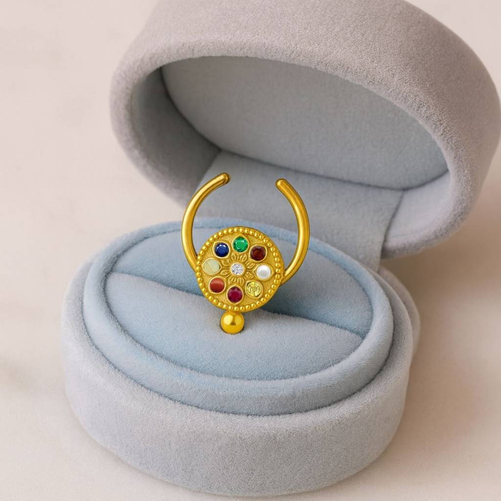 Navratna Classic Mandala Multi Gemstone Septum Nose Pin 925 Sterling Silver Gold Plated : snp-0061