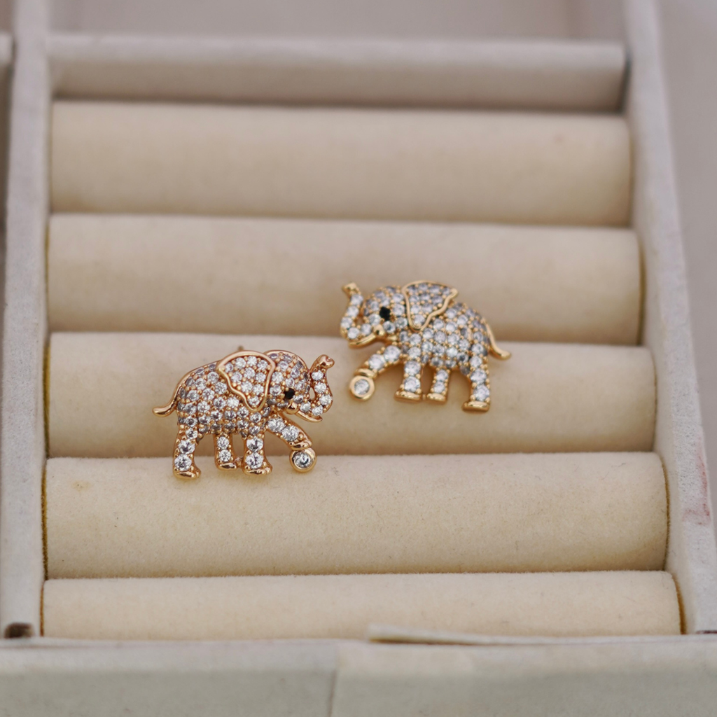 Gold Pave Cubic Zirconia Elephant Stud Earrings : RB-13C