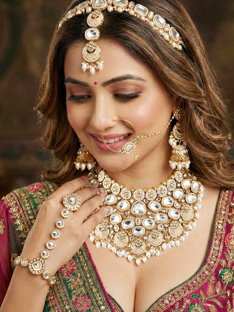 Gold Plated Kundan White Beads Choker Jewellery Set For Women | White Meenakari Bridal Ethnic Necklace Set W : 4554-IZS-0003-W