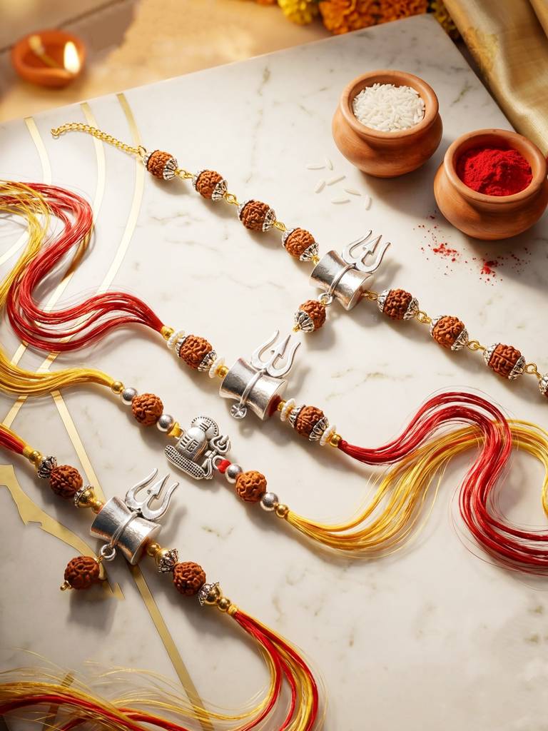 Rudraksha Rakhi Set Of 4 For Brothers With Silver Trishul Design With Roli, Chawal & Card (241-Jpr1-1 : 241-JPR1-1982-S-4-2026