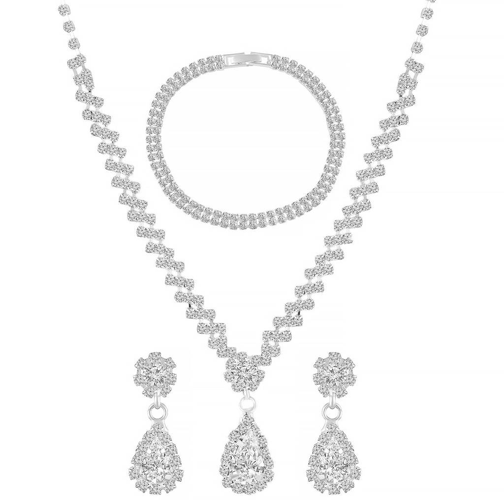 Stylish Necklace Earrings Bracelet Set For Women & Girls Silver Plated Cz & Crystals Studded Festive Fancy Design J : PX9N198W