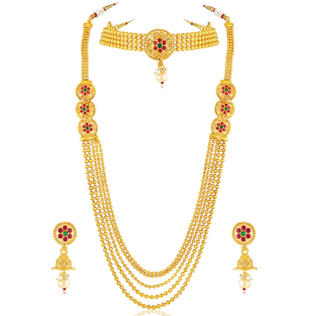 Gold Plated Faux Ruby & Beads Studded Short & Long Necklace Earrings Ethnic Bridal Set Jewellery For Women & Girls : PF04BR02RG
