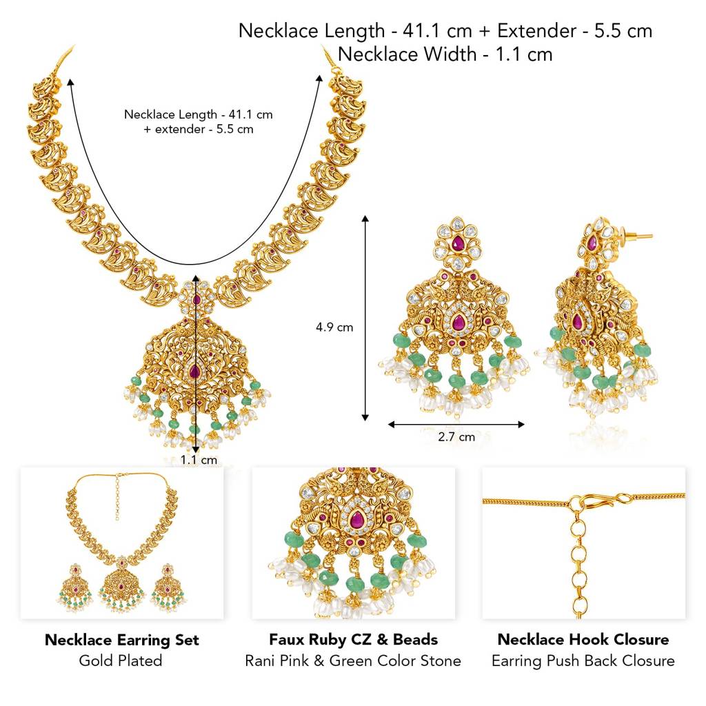 Gold Plated Cubic Zirconia Faux Ruby & Beads Studded Ethnic Necklace Earrings Set Jewellery Gift For Girls & Women : PF53N698RG