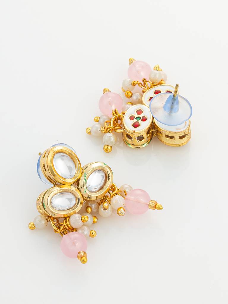 Gold Plated Kundan And Pink Pearl Long Necklace Set : NK4851