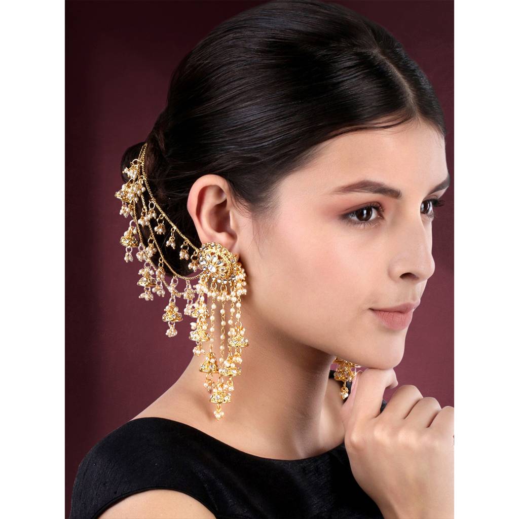 Peora Women'S Gold Plated Brass Pearl And Kundan Bahubali Earrings With Hair Chain, Gold : PF37E2610FL