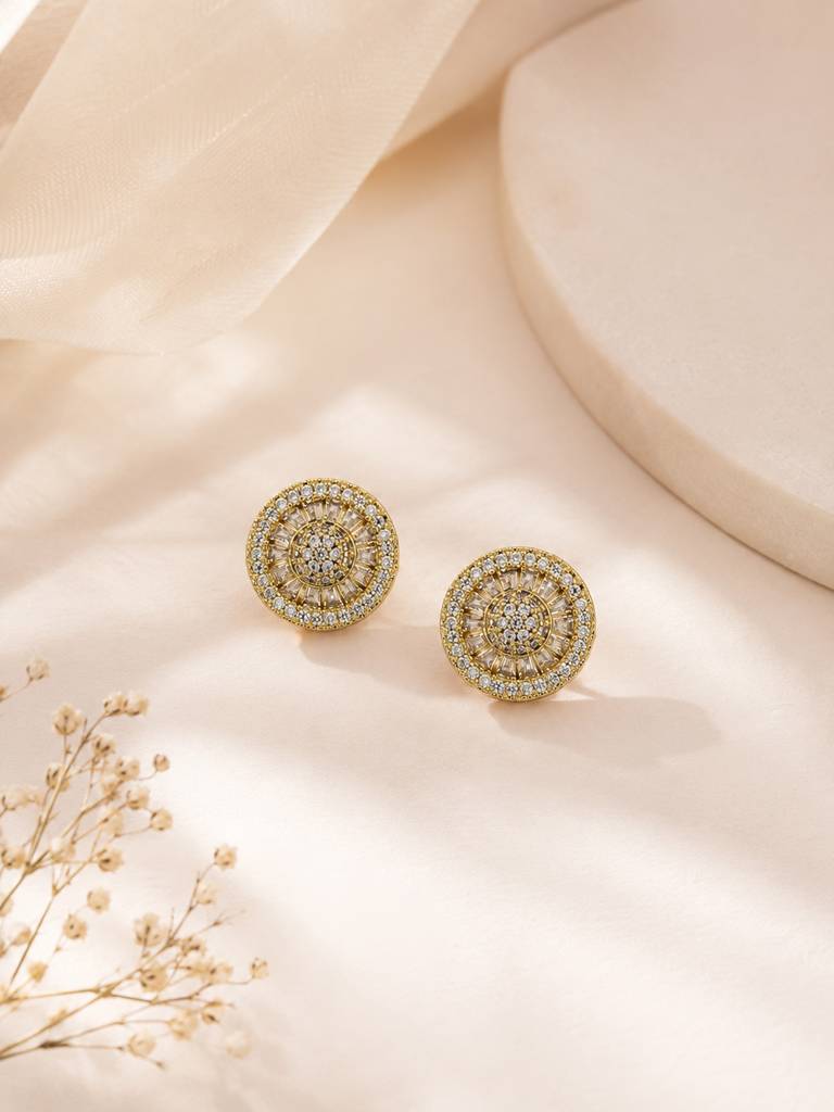 Sunburst Halo Cz Stud Earrings In 18K Gold Plating : AN-VM-GO-0148-DE