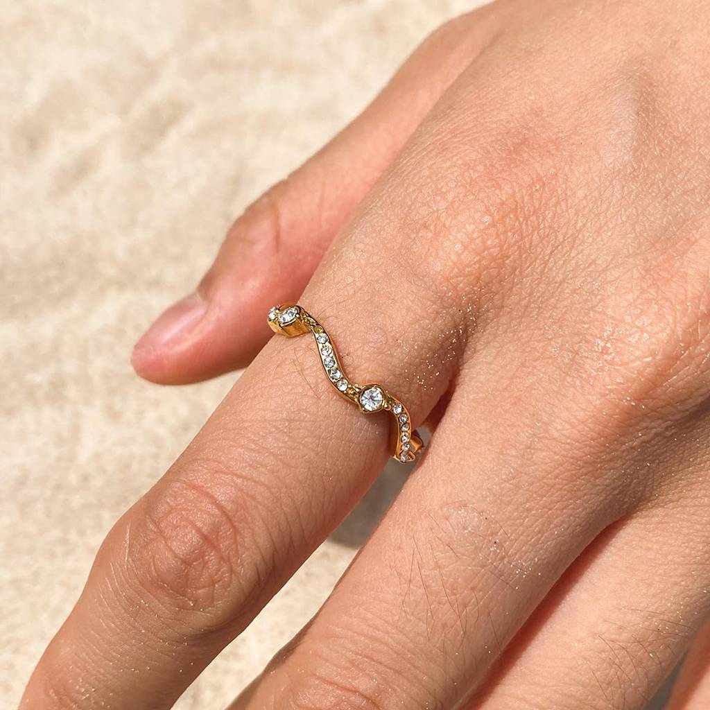 Golden Stainless Steel Ring For Women | 18K Gold Pvd Plated With Cubic Zirconia | Premium Elegant Wavy Design Adj : R0304018-7