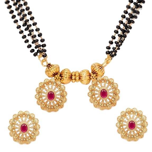 Traditional Gold Plated Mangalsutra Earrings Set For Women | Faux Ruby Studded | Festive & Bridal Jewellery : PF04MS15RG