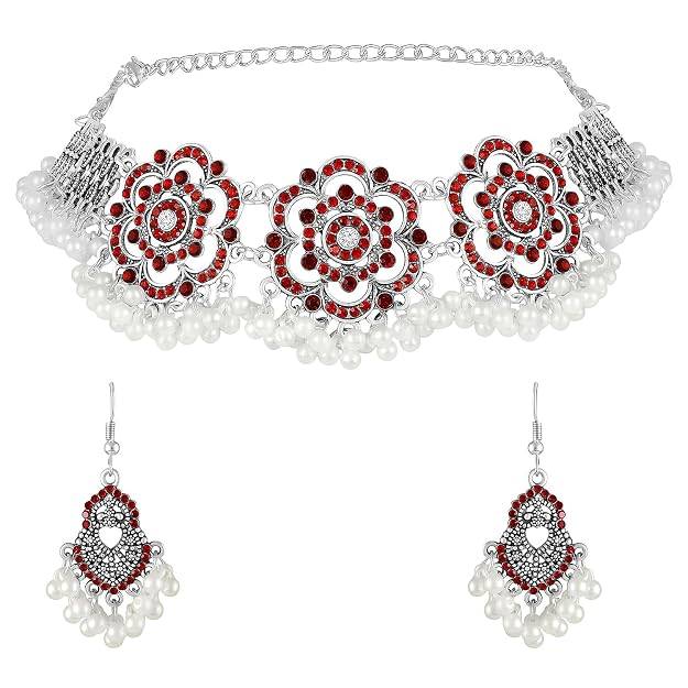 Silver Plated Red Crystals & Beads Studded Necklace Earrings Set Ethnic Jewellery For Women : PX9N182R