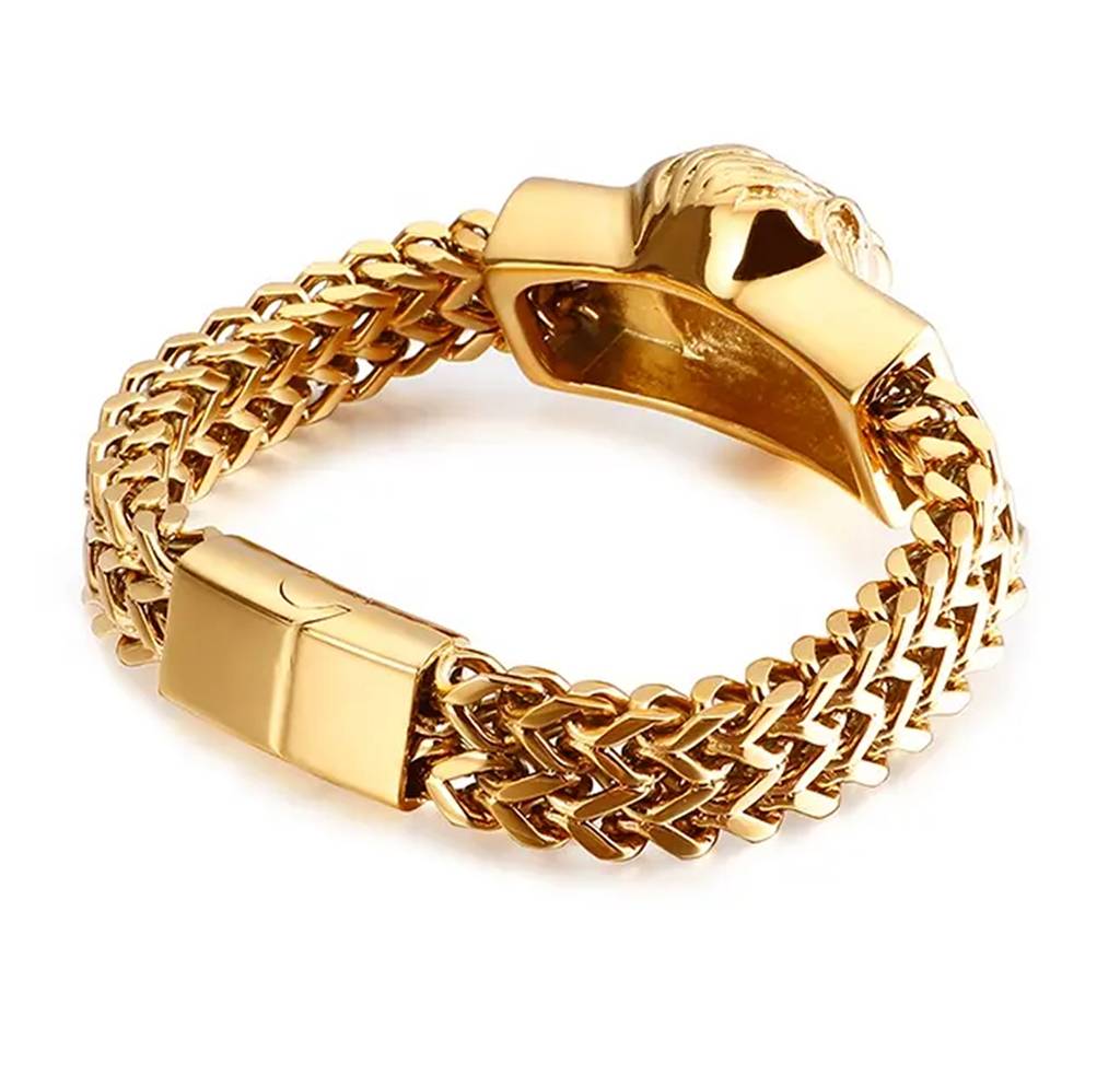 Gold Plated Stainless Steel Metal Bracelet Openable Lion Head Design Stylish Jewellery For Men & Boys : PX5SB64G