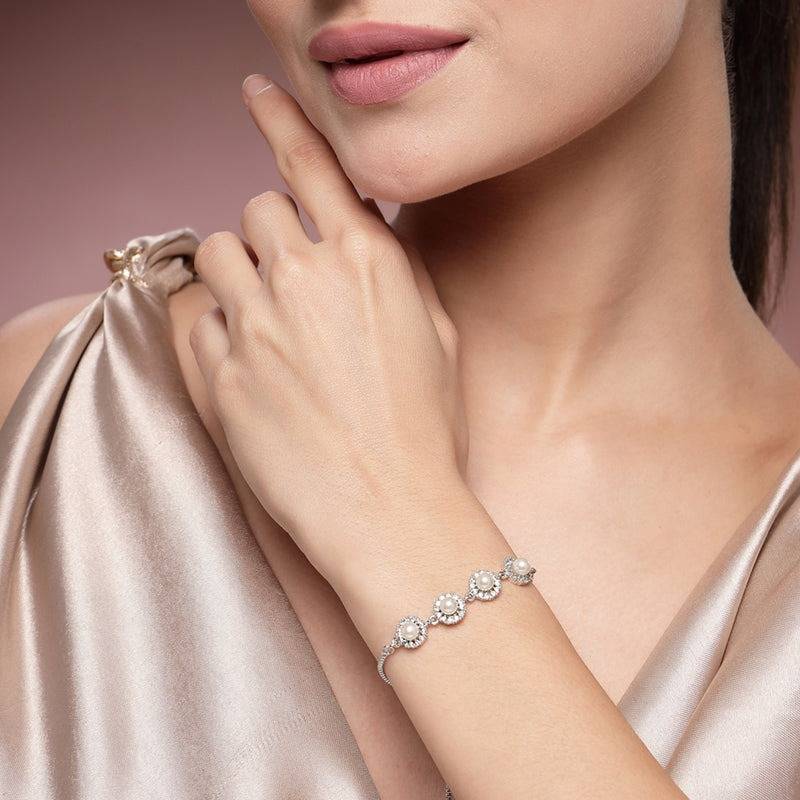Elegant Designer Cz Crystal & Pearl Chain Bracelet – Daily & Party Look : AD-132-IRBR