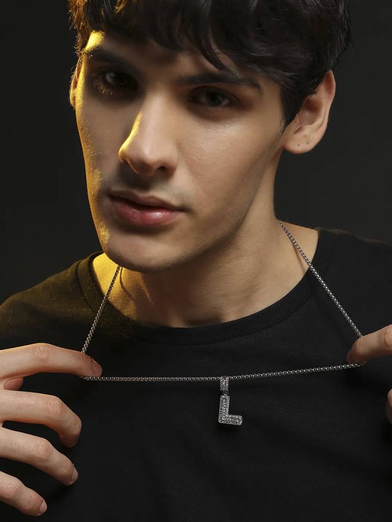 Men'S Embellished Alphabet Pendant Necklace - Silver : FANC1071-L