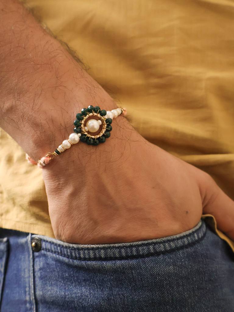 Teal Pearl Bhai Bhabhi Rakhi Lumba Set With Roli Chawal Capsules : ACJR203-ACRL203