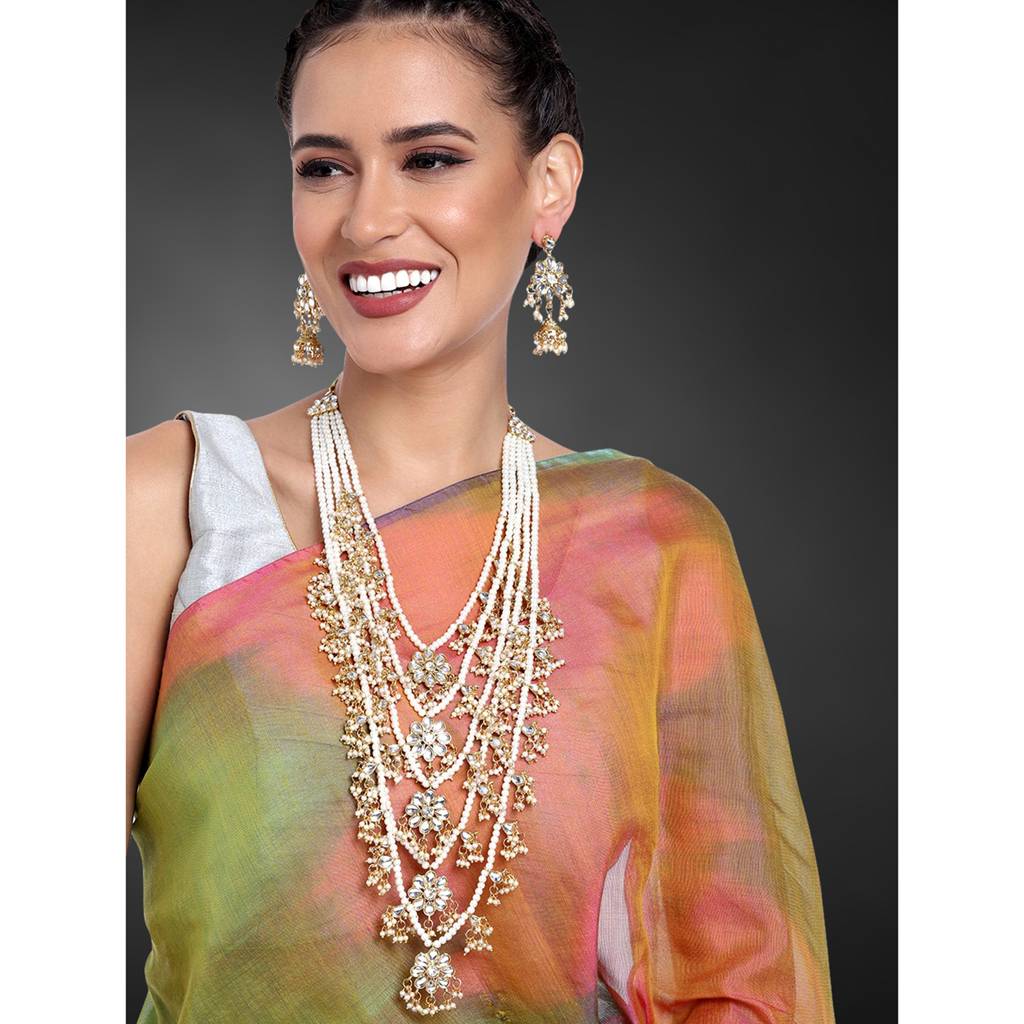 Peora 18K Gold Plated Traditional Kundan Pearl Floral Layered Long Necklace With Earring Jewellery Set For Women : PF37NM4080W