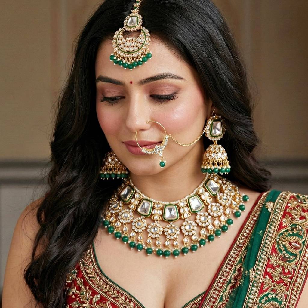 18 Kt Gold Plated Bridal & Semi-Bridal Necklace Set With Earrings, Maang Tikka & Nath : 2476-M8SK-1101-G