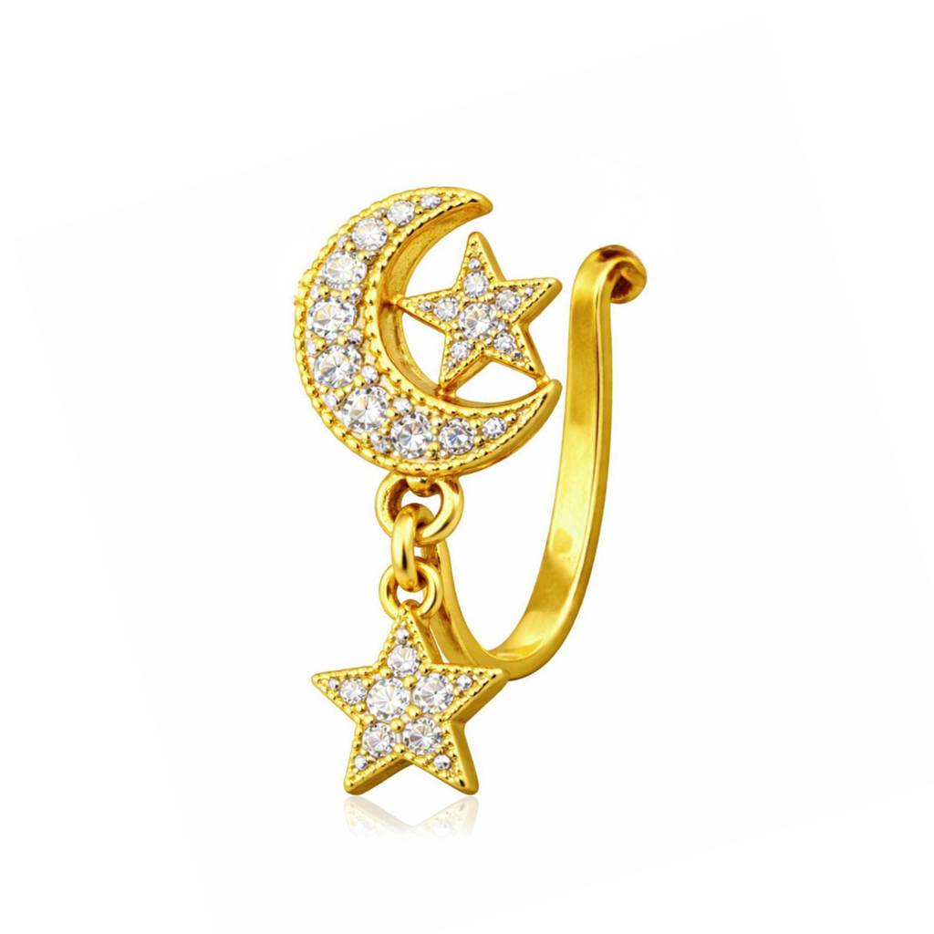 Cz Dangle Moon & Star Clip-On Nose Pin 925 Sterling Silver Yellow Plated : CNP-0007