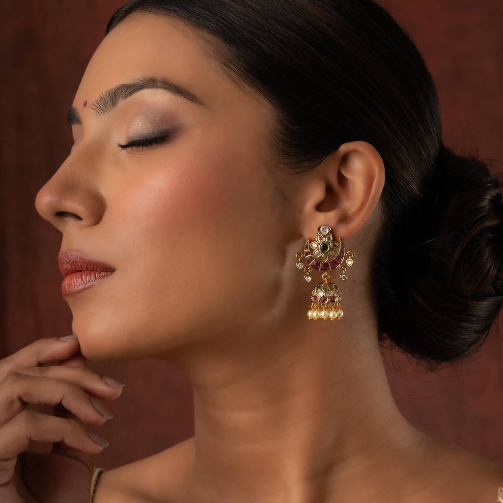 Gold Elegance Meenakshi Crescent Jhumka Earrings : 8905124572025