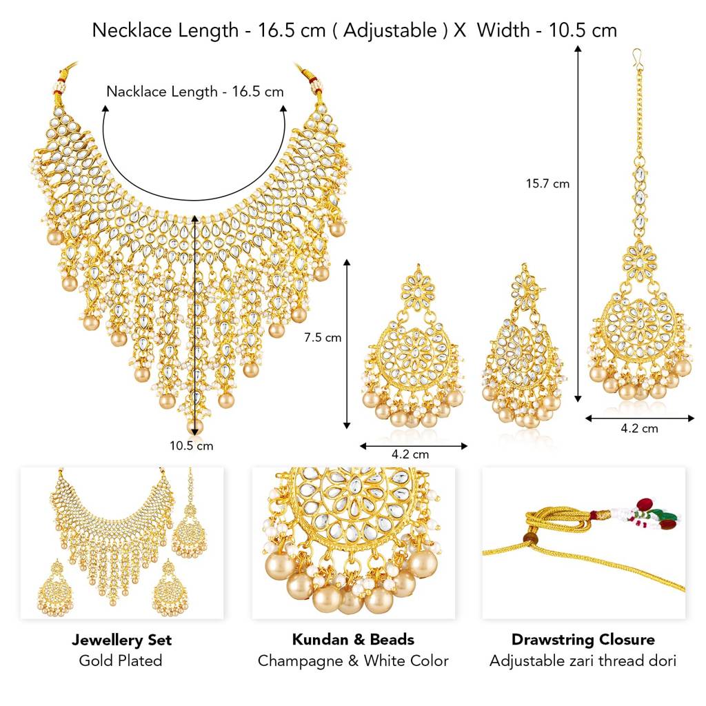 Champagne Kundan & Beads Studded Gold Plated Necklace Earrings Maangtikka Ethnic Jewellery Set For Women & Girls : PF25N1177LCTW