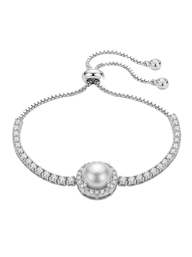 Stylish Adjustable Bracelet For Women & Girls | Silver Plated | Cubic Zirconia & Pearl Studded | Festive & Casual J : PX9B290W