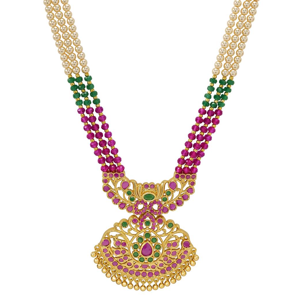 Ethnic Beads Layered Long Necklace For Women & Girls Gold Plated Faux Ruby Emerald & Pearl Studded Traditional Fe : PF10ML28RG