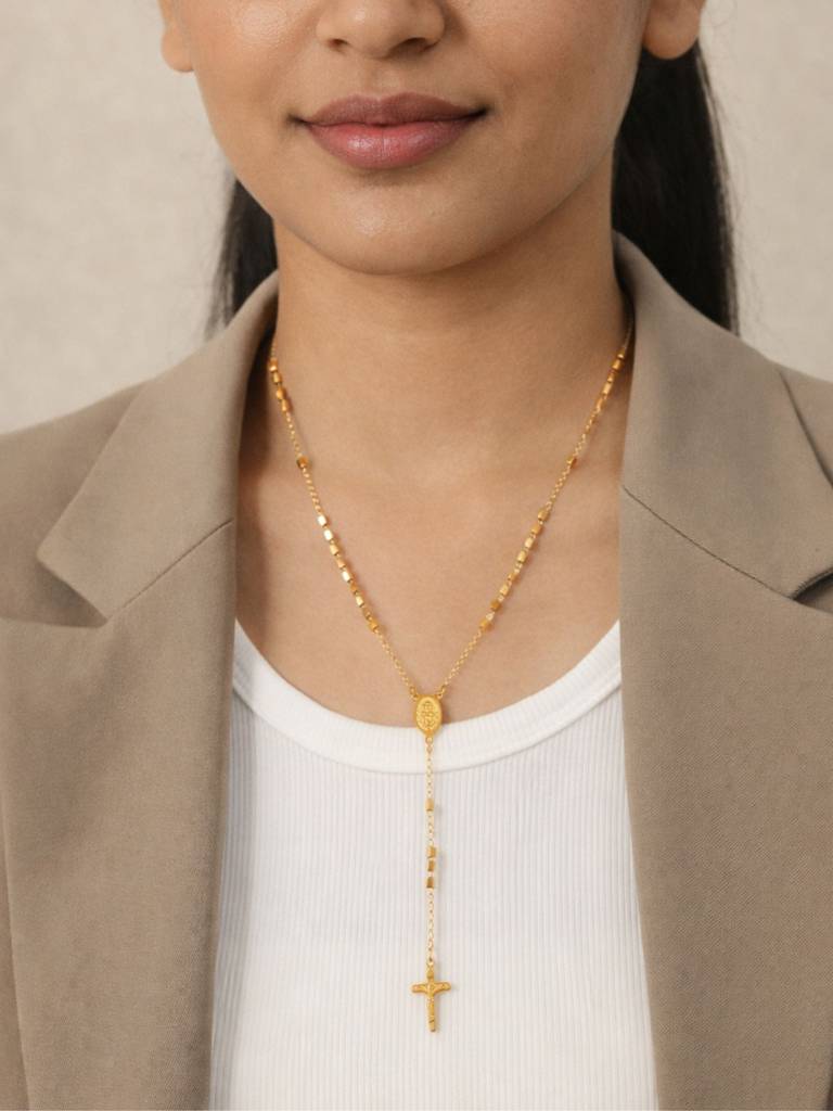Cross Lariat Rosary Chain Necklace, 18K Gold Plated Waterproof Anti-Tarnish : ALL0725N048_RE