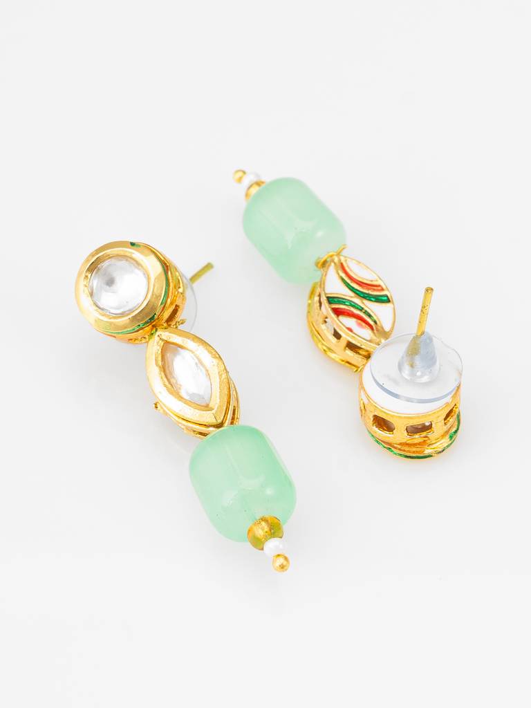 Mint Green Barrel Bead Multi-Strand Necklace Set With Kundan Pendant And Matching Earrings : NK4540