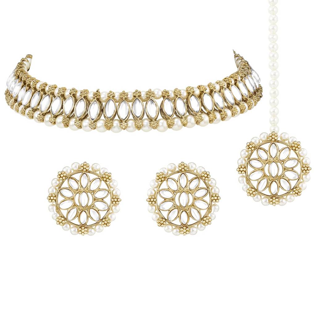 Traditional Gold Plated Kundan Choker Necklace Round Stud Earring & Maang Tikka Ethnic Jewellery Set Gift For Wome : PF28N226W