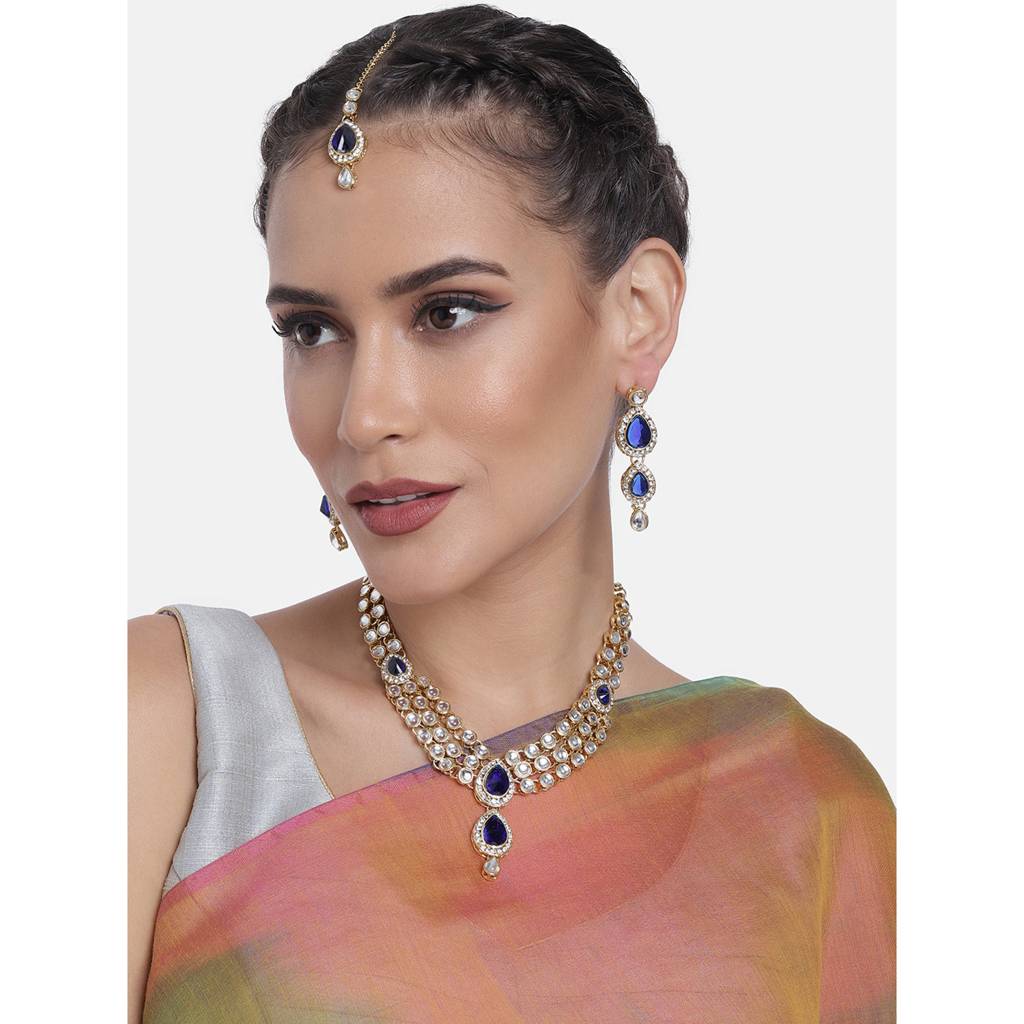 Peora Stones & Kundan Studded Traditional Necklace Jewellery Set Gift For Women : PF37NIJ315BL