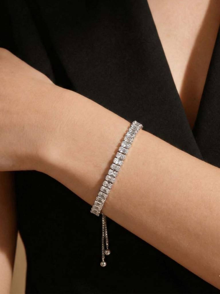 Combo Of Baguette Stone Adjustable Tennis Bracelet With Silver Plated Crystal & Cubic Zirconia Necklace And   : PX9N96-PX8B80S