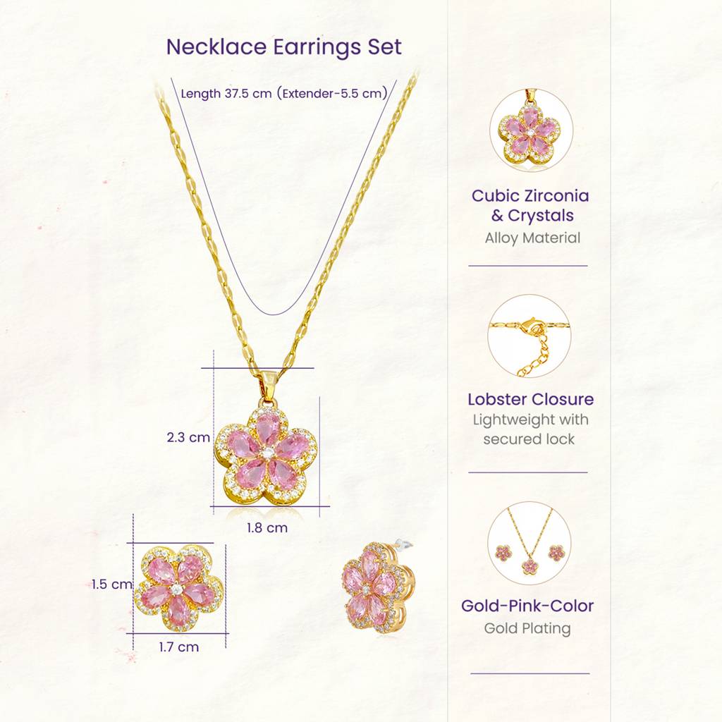 Pink Floral Pendant Chain Necklace Earrings Set For Women & Girls | Gold Plated | Crystals & Cubic Zirconia Studd : PX9PS64GPK