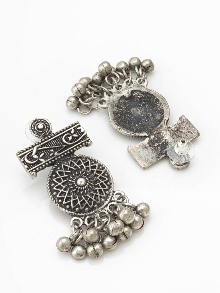Oxidized Silver Mandala Ghungroo Necklace Set With Coin Pendant And Matching Earrings : NK4238