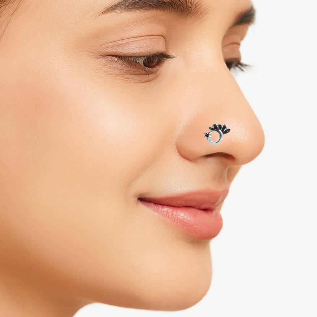 Peacock Design Nose Pin - Sterling Silver Oxidized Plated : NP00132_925S_OX_WCZ