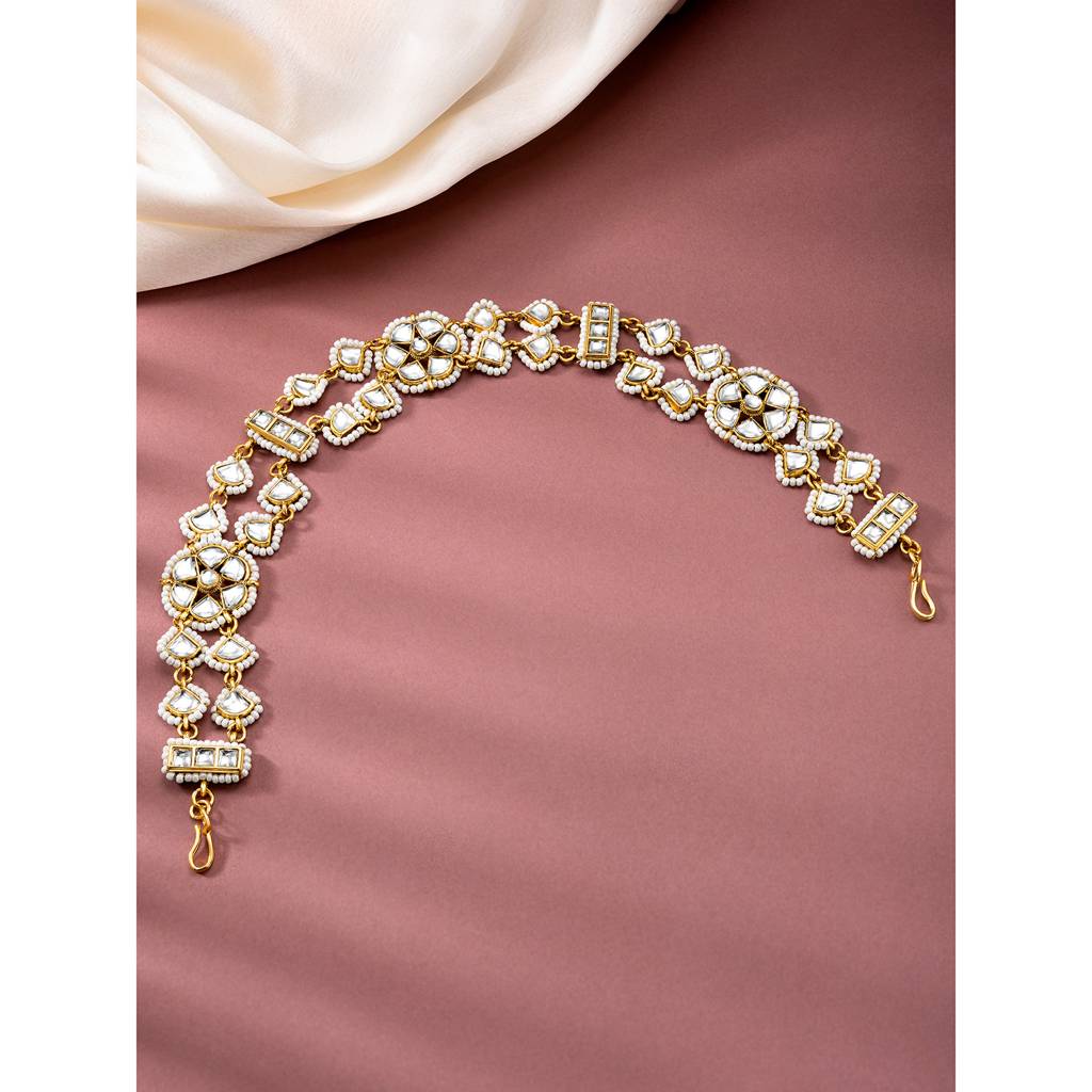 Peora Gold Plated Rani Pink Green Kundan & Beads Studded Mathapatti Sheeshpatti Hair Accessories Traditional Jewel : PF104T03W
