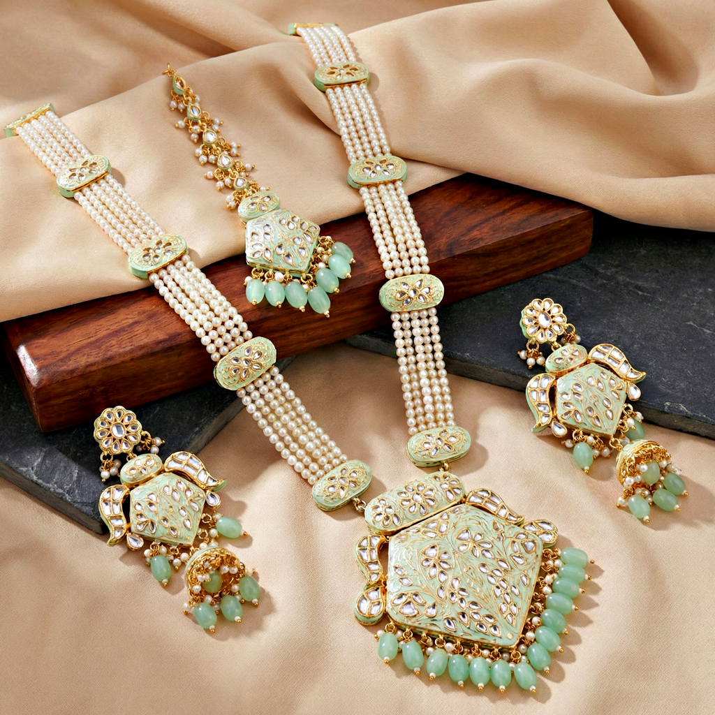 Traditional Turquoise Long Necklace Set For Women |Gold Plated Meenakari Bridal Jewellery Set With Earrin : 2970-J5SK-2300-MNT