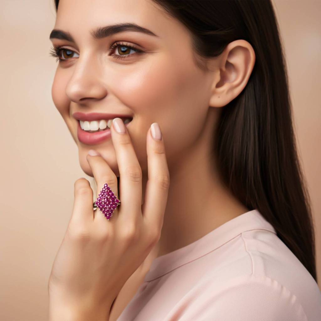 Silver Ruby Cluster Statement Ring : ZLR-1196-10