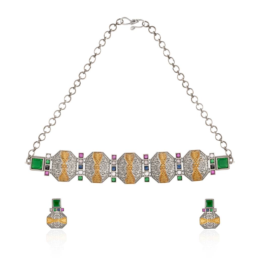 Oxidised Silver Choker & Earrings Set With Green Stone - Antique Elegance : 8905124582758