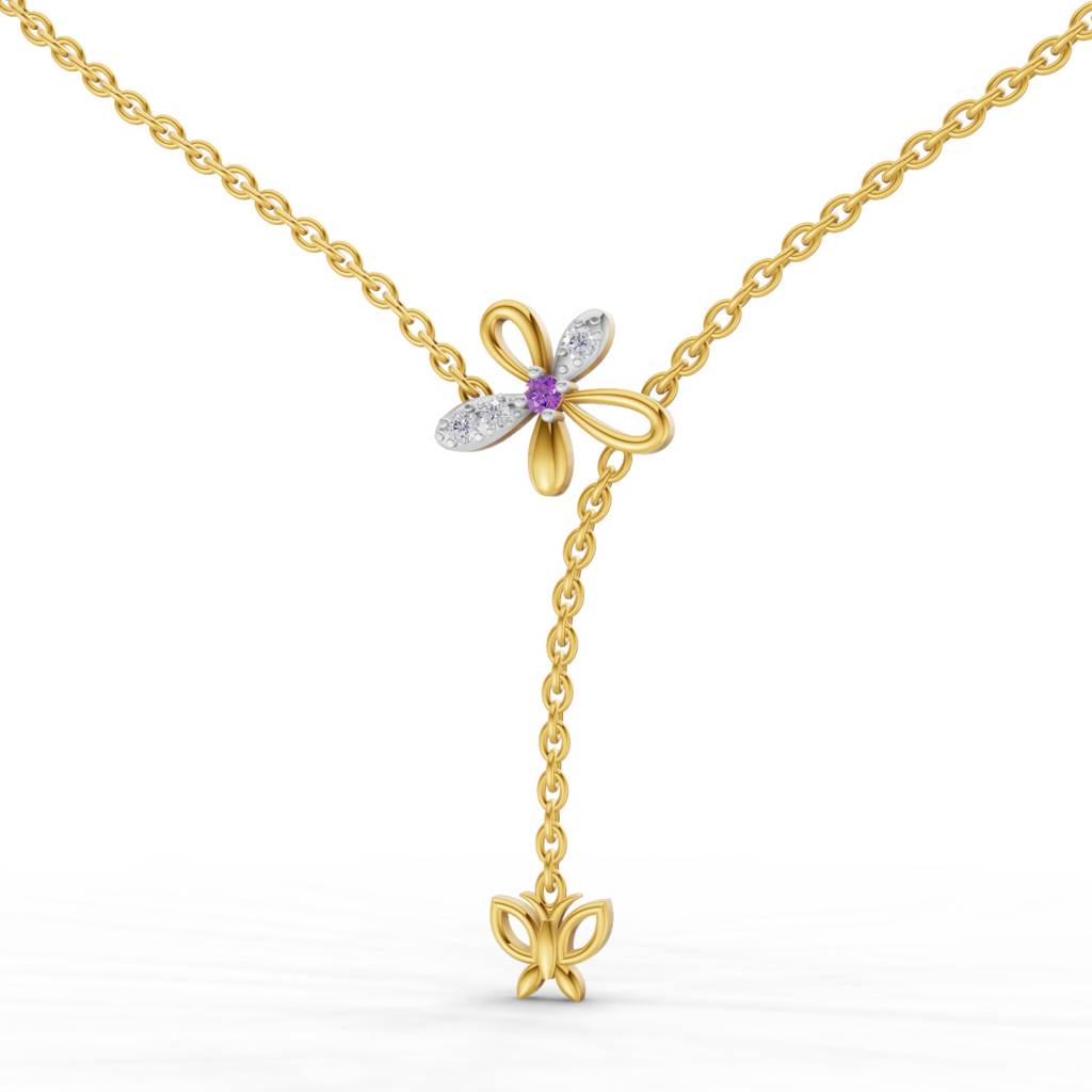 Lab Grown Diamond 0.07Ct Round 925 Sterling Silver Gold Plated Butterfly Necklace : SQN19728-NK-925S-007CT